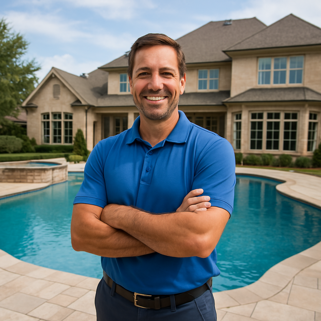 Professional pool builder standing in front of a custom-designed pool
